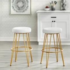 Set Of 2 30" Mazzini Faux Leather And Metal Counter Height Barstools White/Gold - Buylateral
